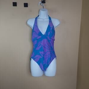 Speedo Blue Purple Floral Halter One-piece Swimsuit Size 12